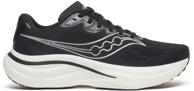 Black and silver Saucony Ride 19 women's shoes feature a synthetic mesh upper, cushioned sole, and a sleek design, size 12 B - Medium.