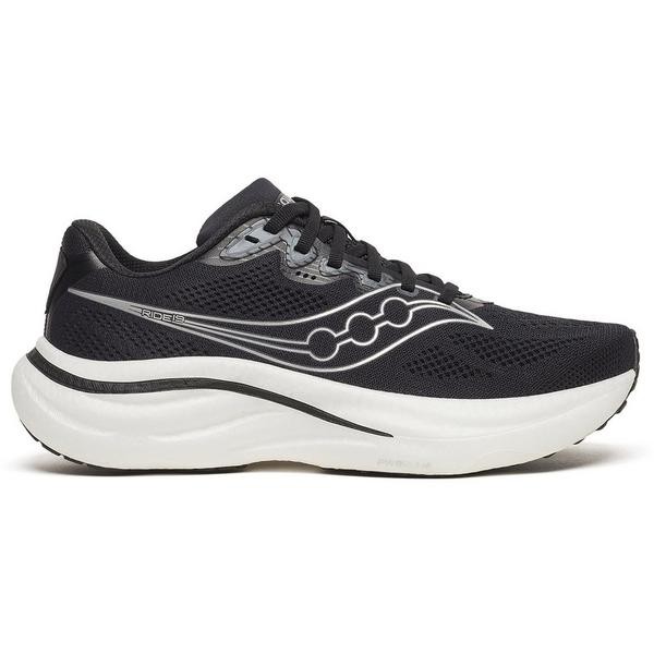 Women's Saucony Ride 19 running shoes in black and silver, featuring a breathable mesh upper, cushioned sole, and sleek design, size 5.5 wide.