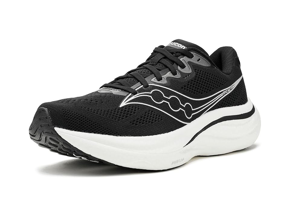 Black and silver Saucony Ride 19 women's shoes featuring a breathable synthetic upper, cushioned sole, and a wide fit, size 6.5 D.