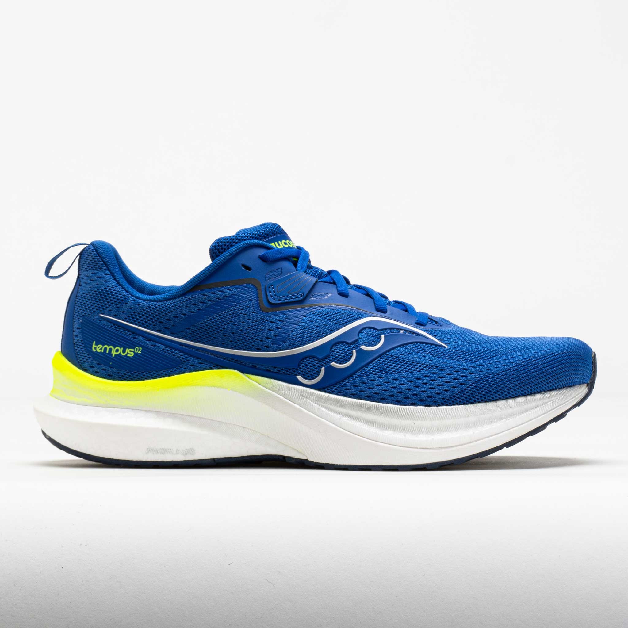 Blue mesh running shoe with white and neon yellow accents, featuring a cushioned sole and prominent Saucony logo on the side, size 10.5.