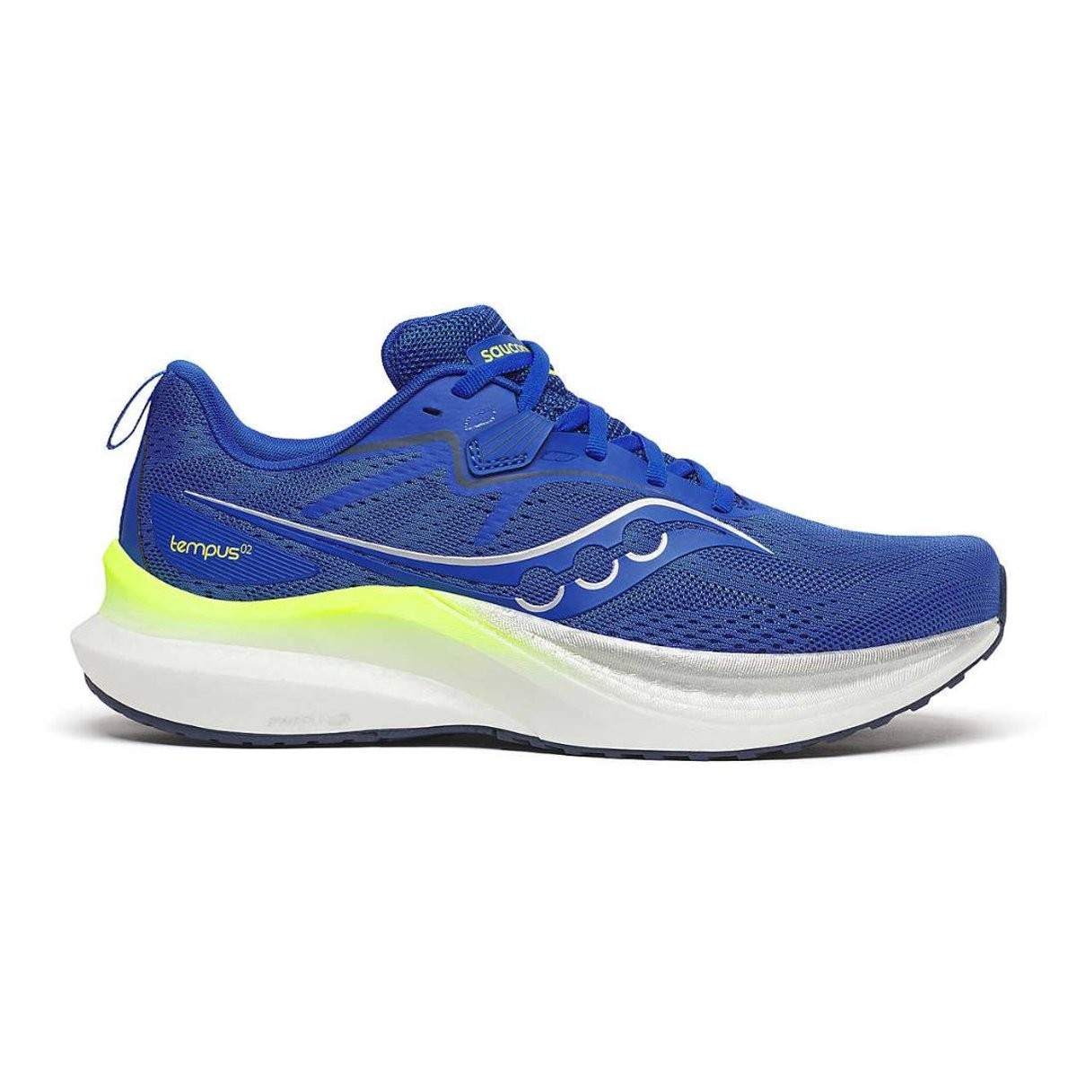 Men's Saucony Tempus 2 running shoe in lapis blue and white, featuring a breathable mesh upper, cushioned sole, and vibrant yellow accents. Size 9, standard fit.