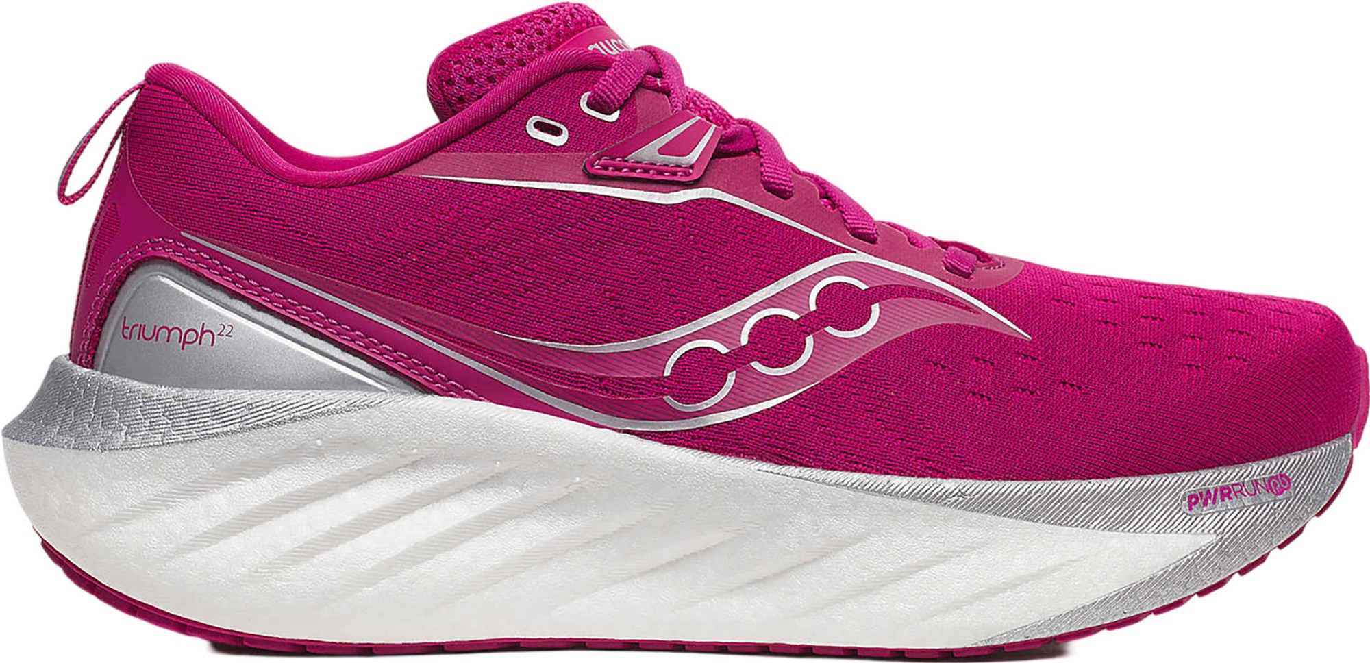 Saucony Triumph 22 women's running shoe in magenta and pink, featuring a breathable mesh upper, cushioning midsole, and a sleek design, size 7.5.