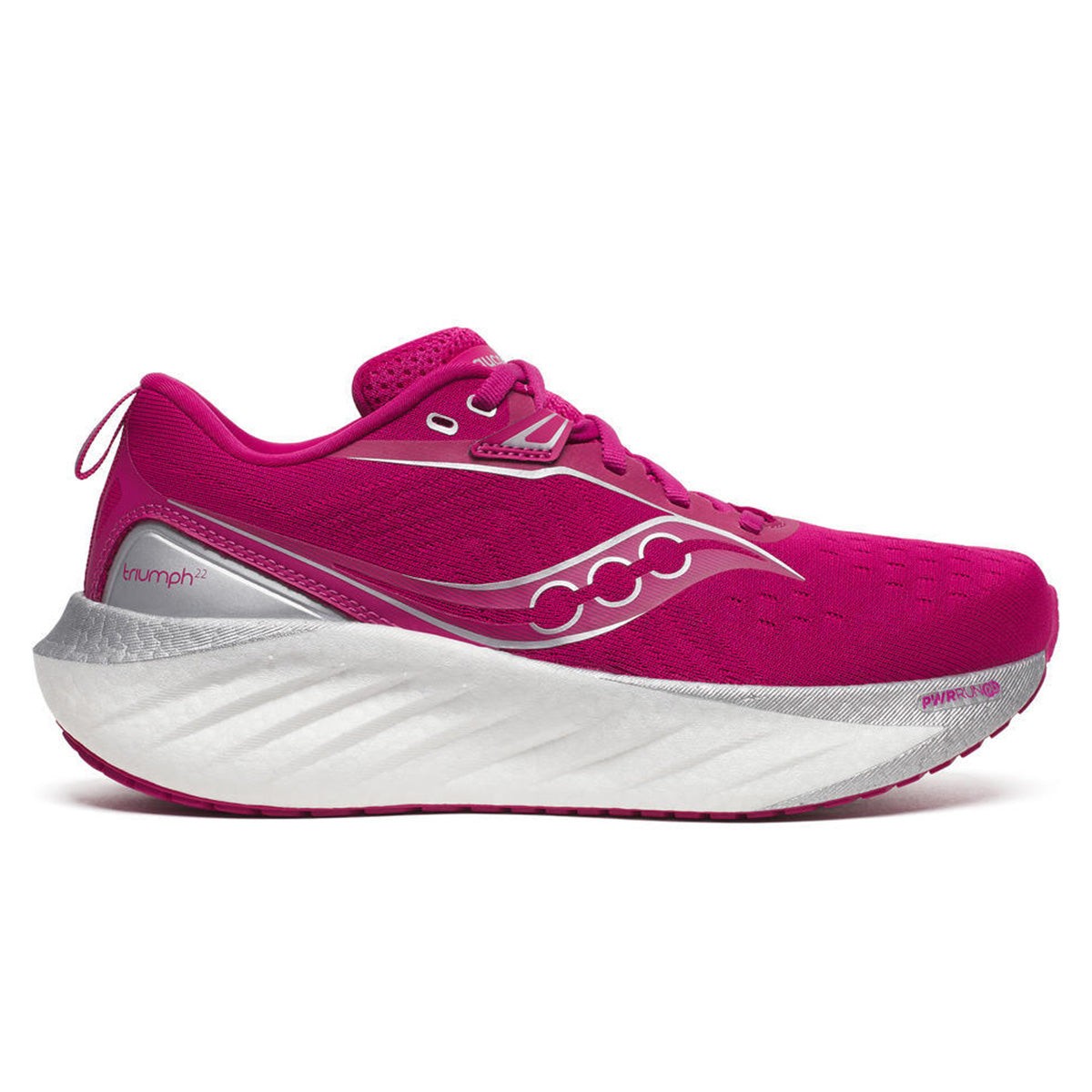 Saucony Triumph 22 women's running shoes in vibrant magenta and pink, featuring a sleek design, cushioned sole, and reflective detailing for enhanced visibility.