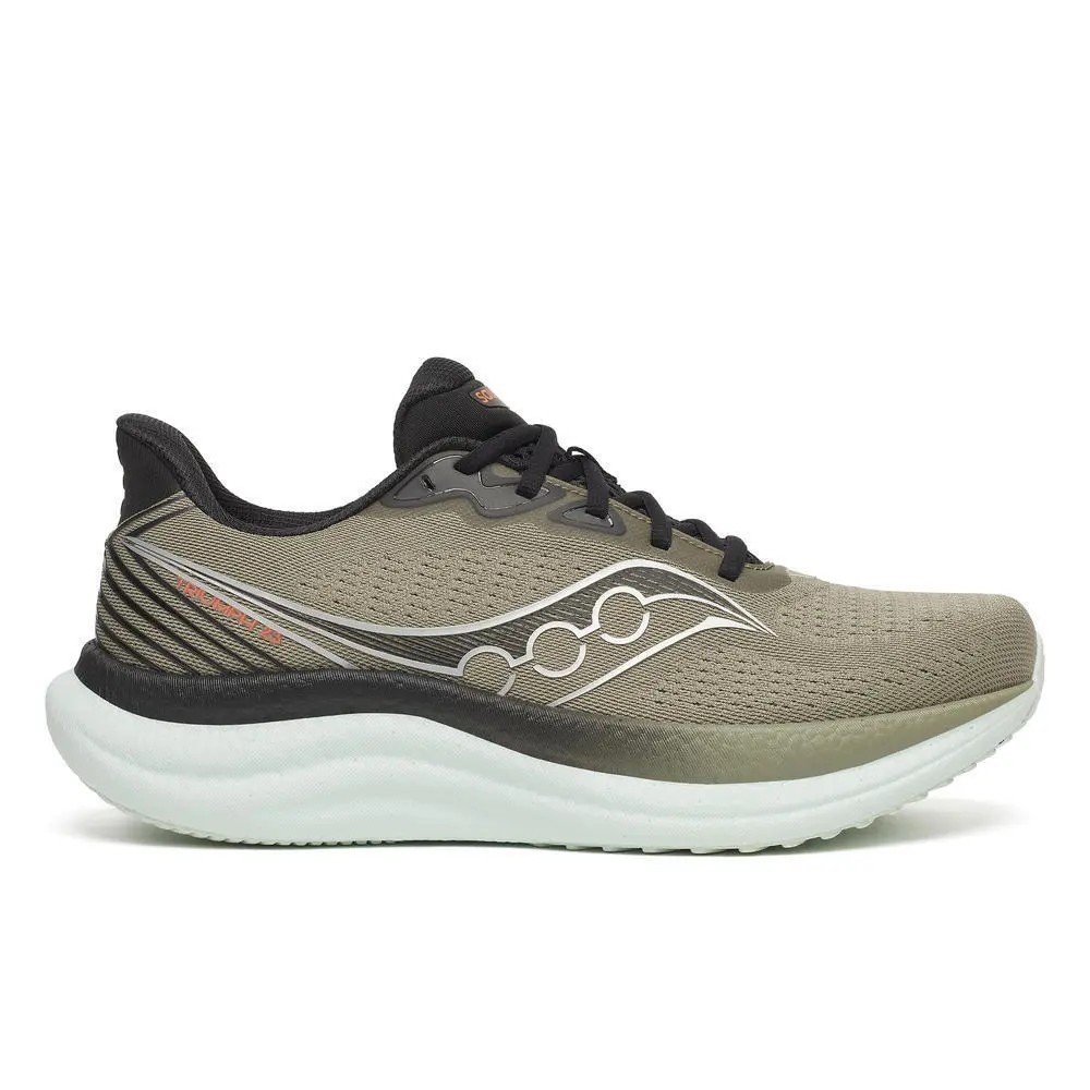 Light olive green running shoes with a breathable mesh upper, black accents, and a cushioned white sole, featuring the Saucony logo on the side.