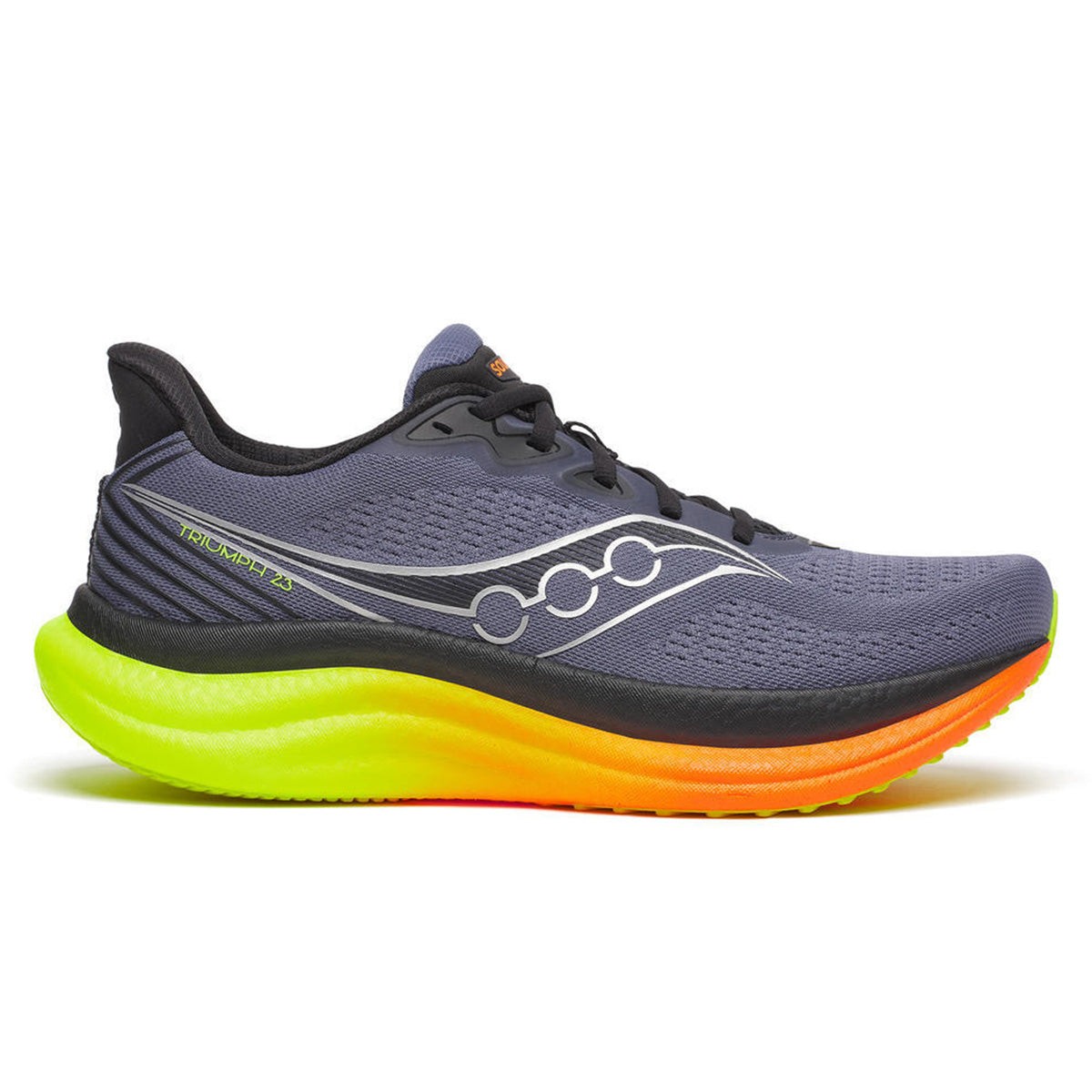 Men's Saucony Triumph 23 running shoes in shadow gray with vibrant yellow and orange sole, featuring a breathable mesh upper and cushioned midsole for comfort. Size 15.0.