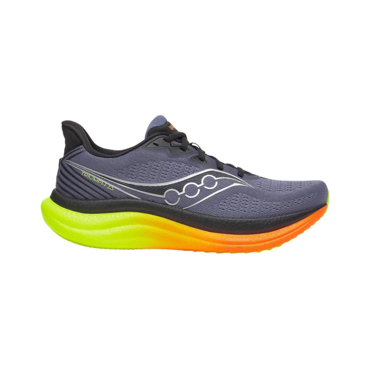 Saucony Men's Triumph 23 running shoes feature a shadow gray upper with a breathable mesh, reflective accents, and a vibrant green and orange midsole for cushioning, size 9.0.