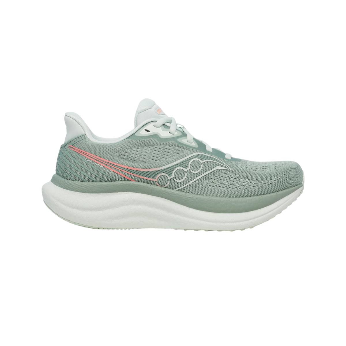 Light green women's running shoes with a breathable mesh upper, featuring pink accents and a thick white midsole for cushioning.