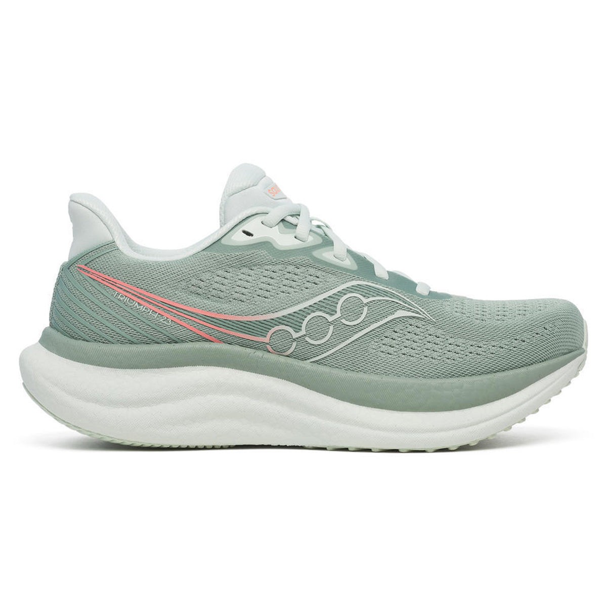 Light green running shoe with a textured upper, featuring a pink accent stripe, cushioned sole, and a sleek design, labeled as Saucony Triumph 23 in size 8.5.