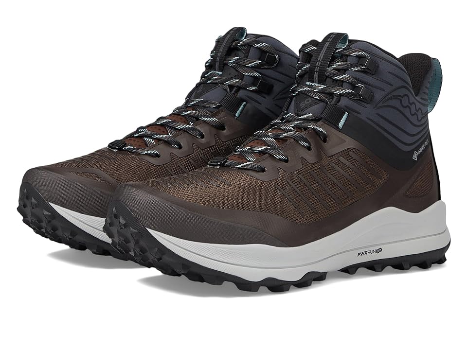 Brown and black women's hiking boots with a textured upper, lace-up design, and rugged sole, featuring a waterproof GTX membrane and supportive ankle collar.