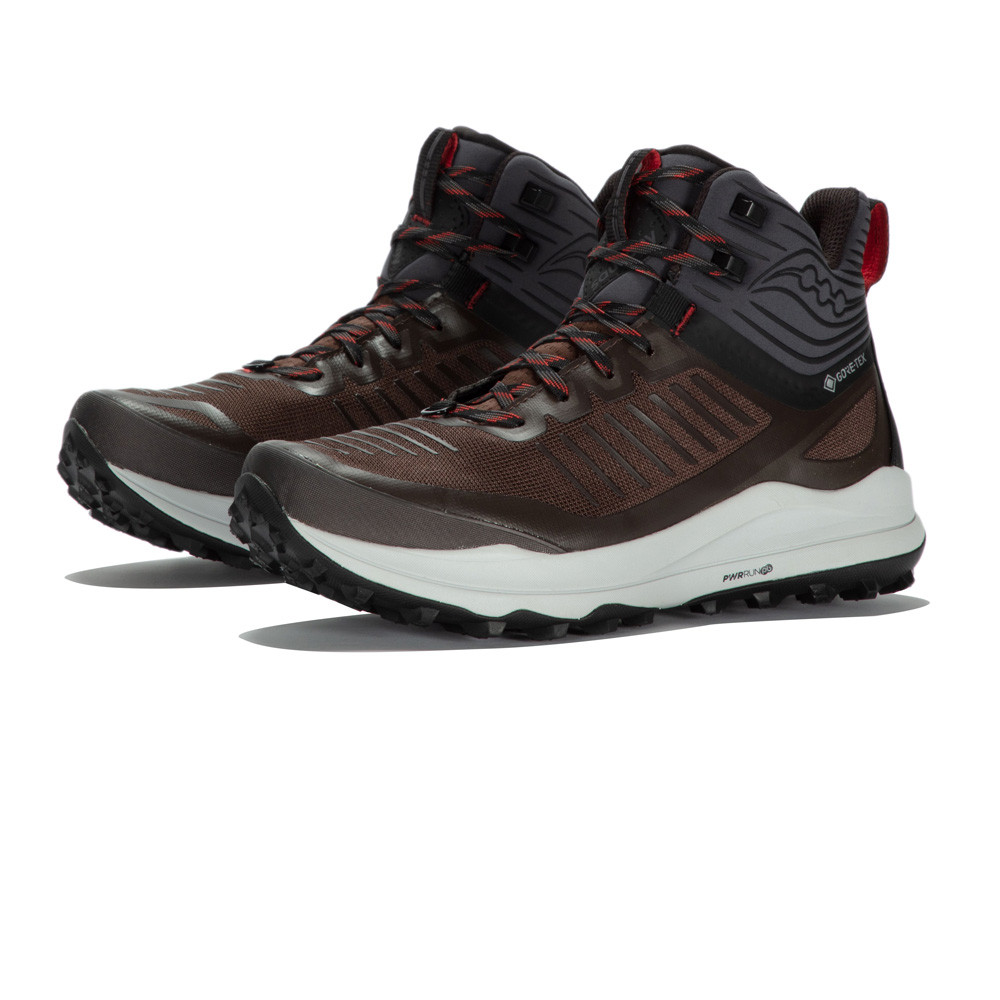 Brown and black women's hiking shoes featuring a high ankle design, textured upper, and red accents, with a rugged sole for traction, size 7.