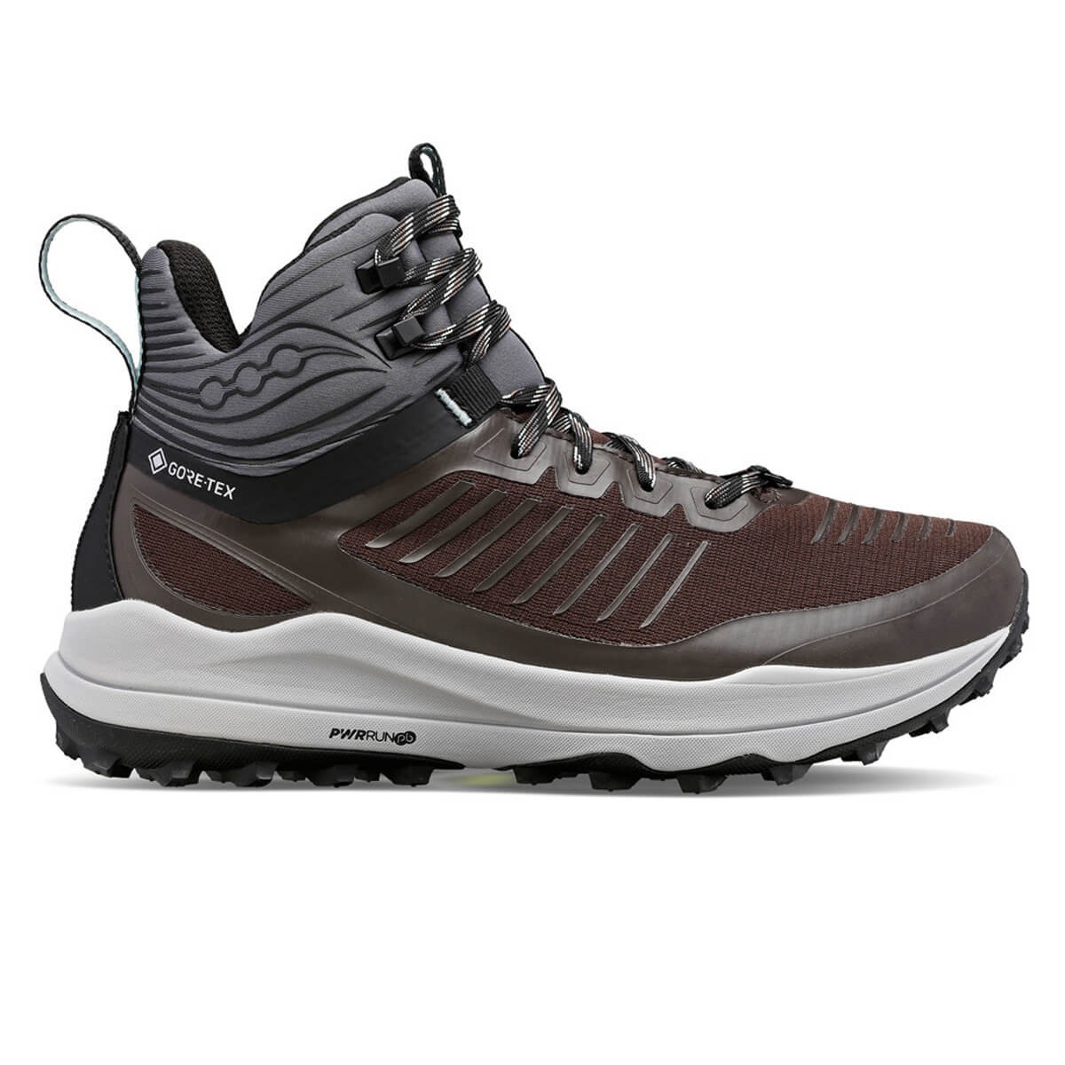 Brown and black women's hiking boots featuring a Gore-Tex upper, textured mesh panels, and a rugged outsole, designed for outdoor performance in size 8.5.
