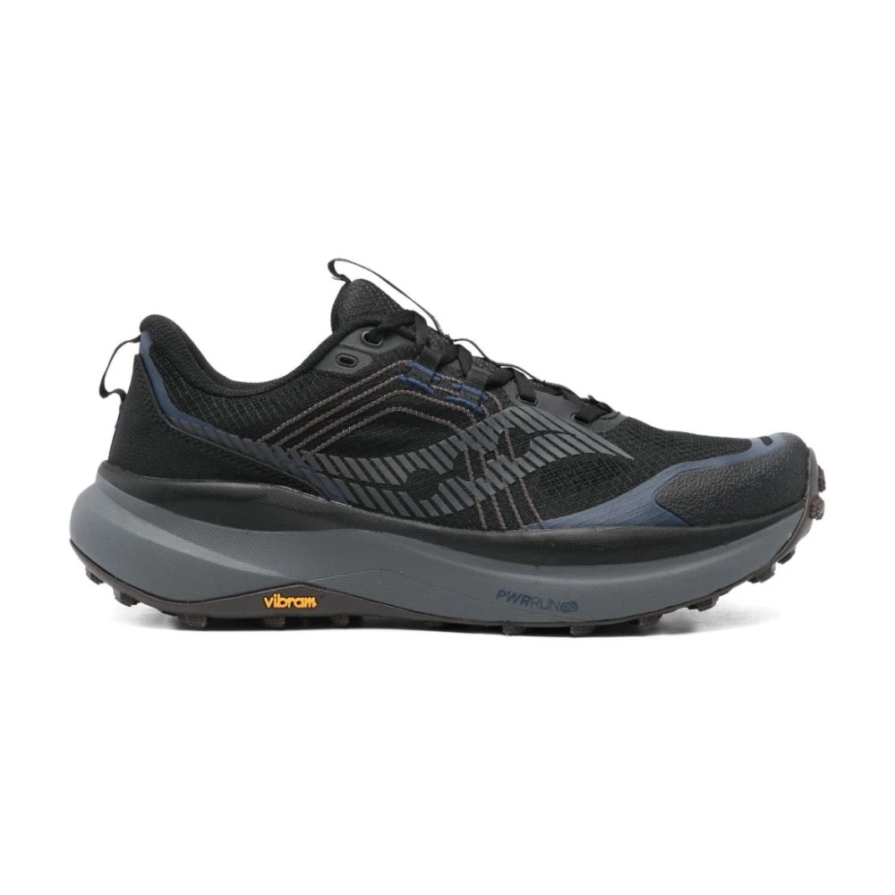 Black trail running shoes with a textured upper, featuring blue accents, a cushioned midsole, and a rugged outsole with Vibram branding for enhanced grip.