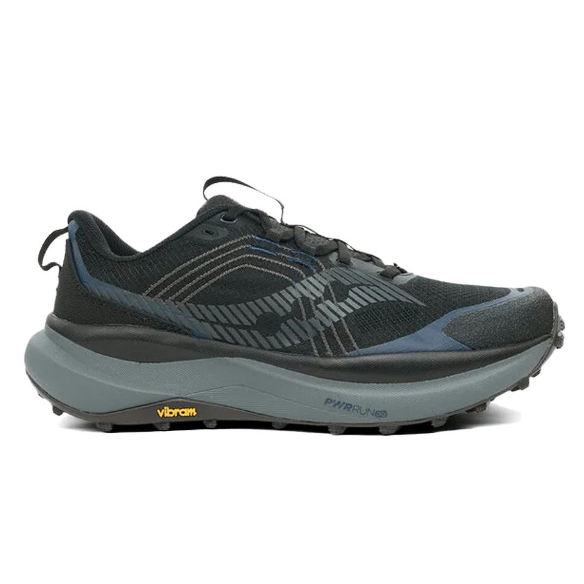 Black and navy Saucony Xodus Ultra 4 men's trail running shoes feature a breathable mesh upper, cushioned sole, and Vibram outsole for enhanced grip and durability.