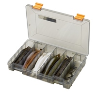 Clear plastic tackle box with orange clips, containing 30 soft lures in various colors like brown, white, and green, plus 17 additional accessories for fishing.