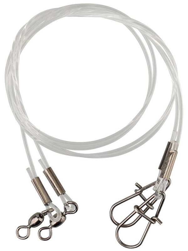 Three transparent fishing traces, each 100cm long and 0.85mm thick, featuring metal clips and swivels, designed for a 20kg weight capacity.