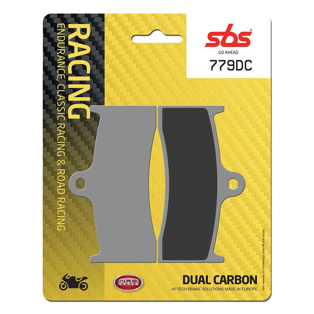 SBS Go Ahead 779DC brake pads in a dual carbon design, featuring a grey and black color scheme, packaged on a textured card with racing branding.