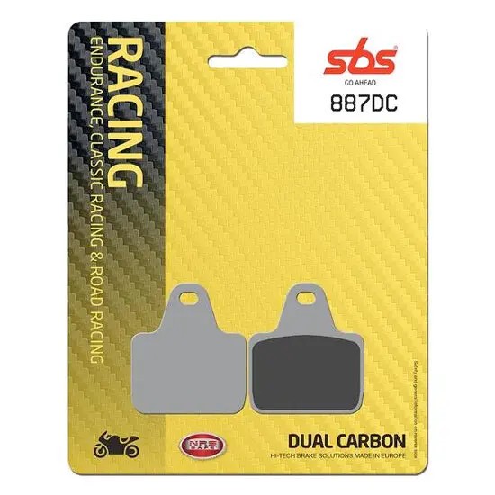 SBS 887DC motor brake pads in a yellow and black package, featuring dual carbon material, designed for racing and road use, with a sleek, modern look.