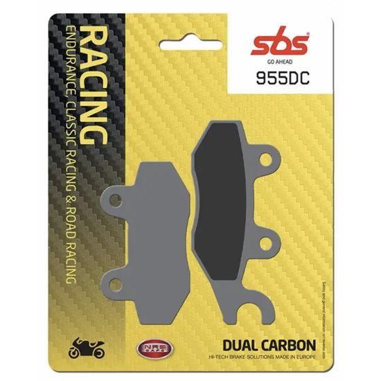 SBS 955DC motorremblokken in a yellow and black package, featuring dual carbon brake pads with a sleek grey design, labeled for endurance and road racing.
