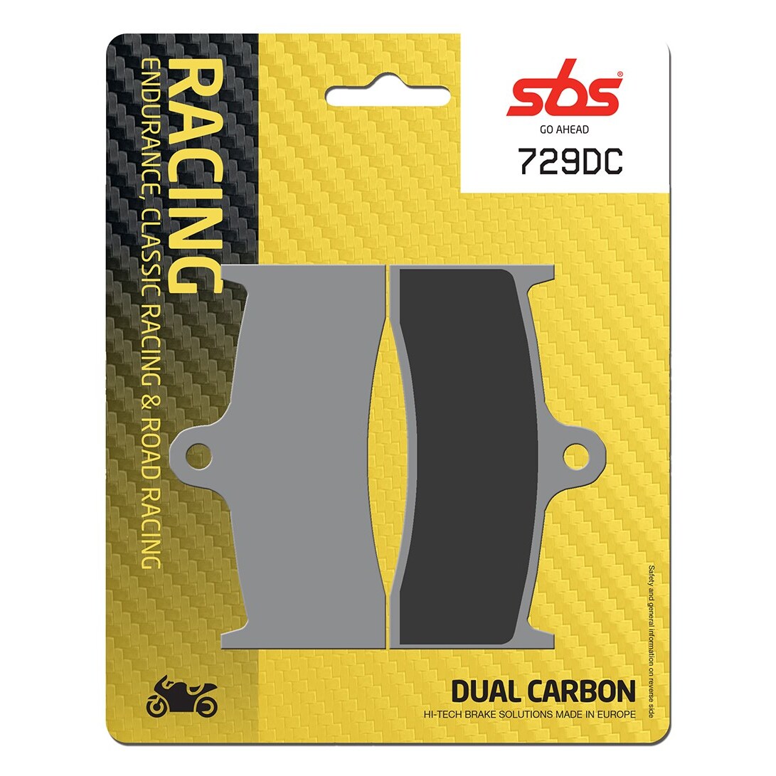SBS Go Ahead 729DC brake pads in a yellow and black packaging, featuring a dual carbon design with a textured background and bold "RACING" label.