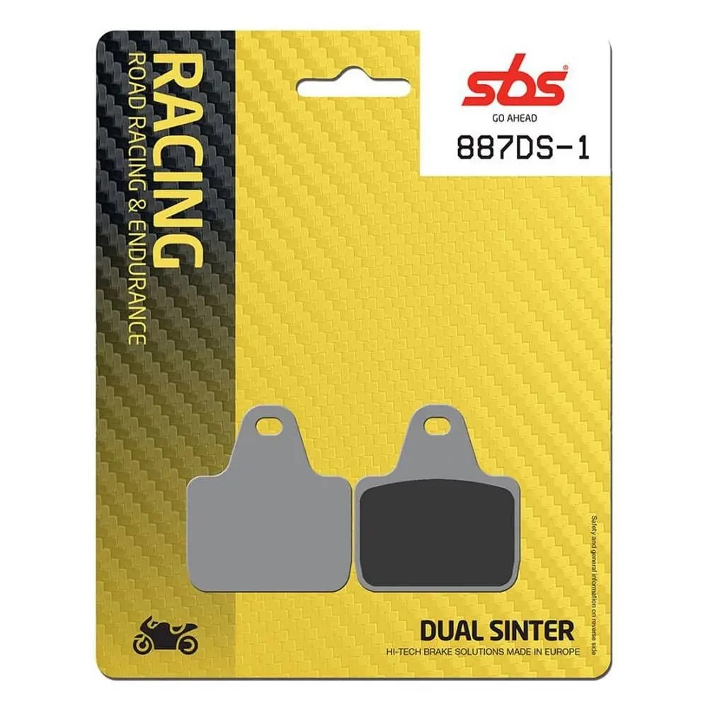 Grey dual sinter motorcycle brake pads on a yellow and black packaging with carbon fiber texture, featuring the SBS logo and product code 887DS-1.