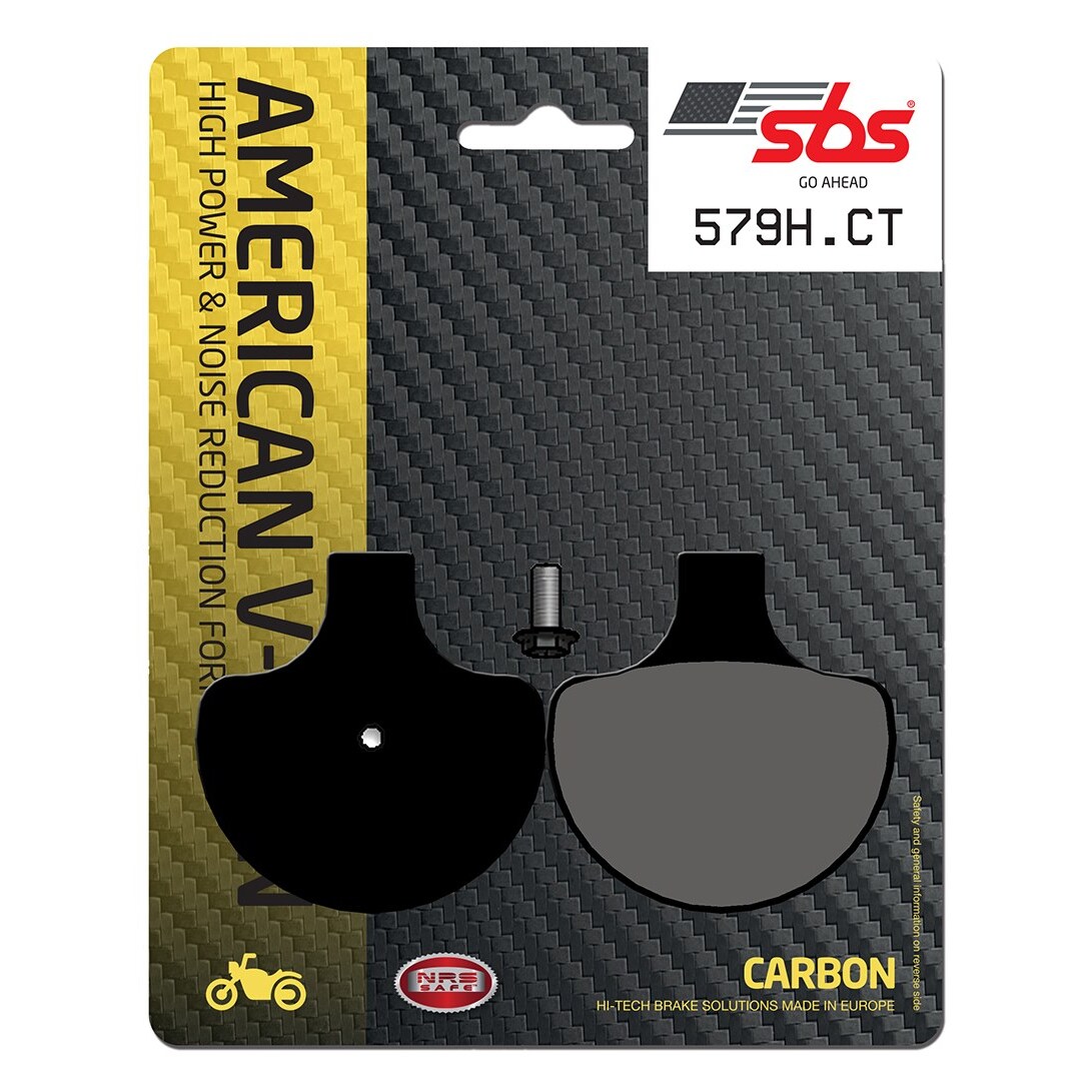 Black carbon brake pads with a glossy finish, featuring the SBS logo and product name "579HCT" on the packaging, designed for high power and noise reduction.