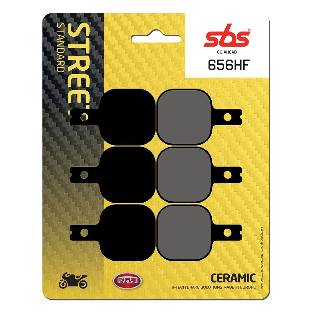 Black ceramic brake pads packaged on a carbon fiber-style card, featuring the SBS logo and "Go Ahead 656HF" label, with four pads visible and two mounting tabs on each.