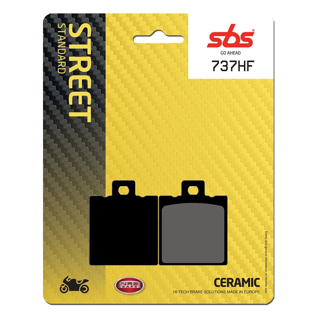 SBS Go Ahead 737HF brake pads in a yellow and black packaging, featuring a carbon fiber texture, labeled "STREET STANDARD," and highlighting ceramic material.