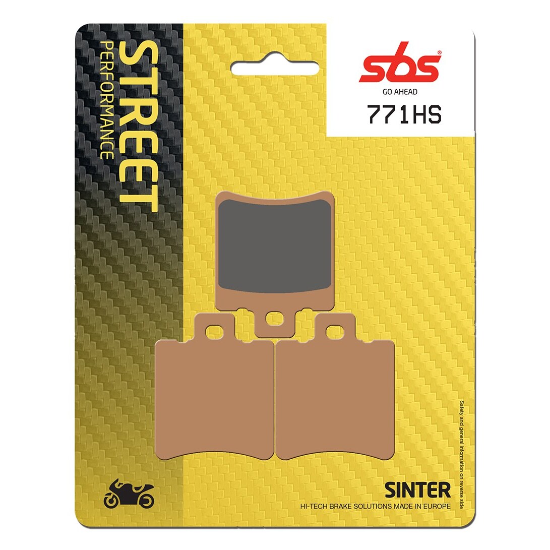 SBS Go Ahead 771 HS brake pads in a yellow and black packaging, featuring a sintered material with a prominent gray friction surface and clear branding.
