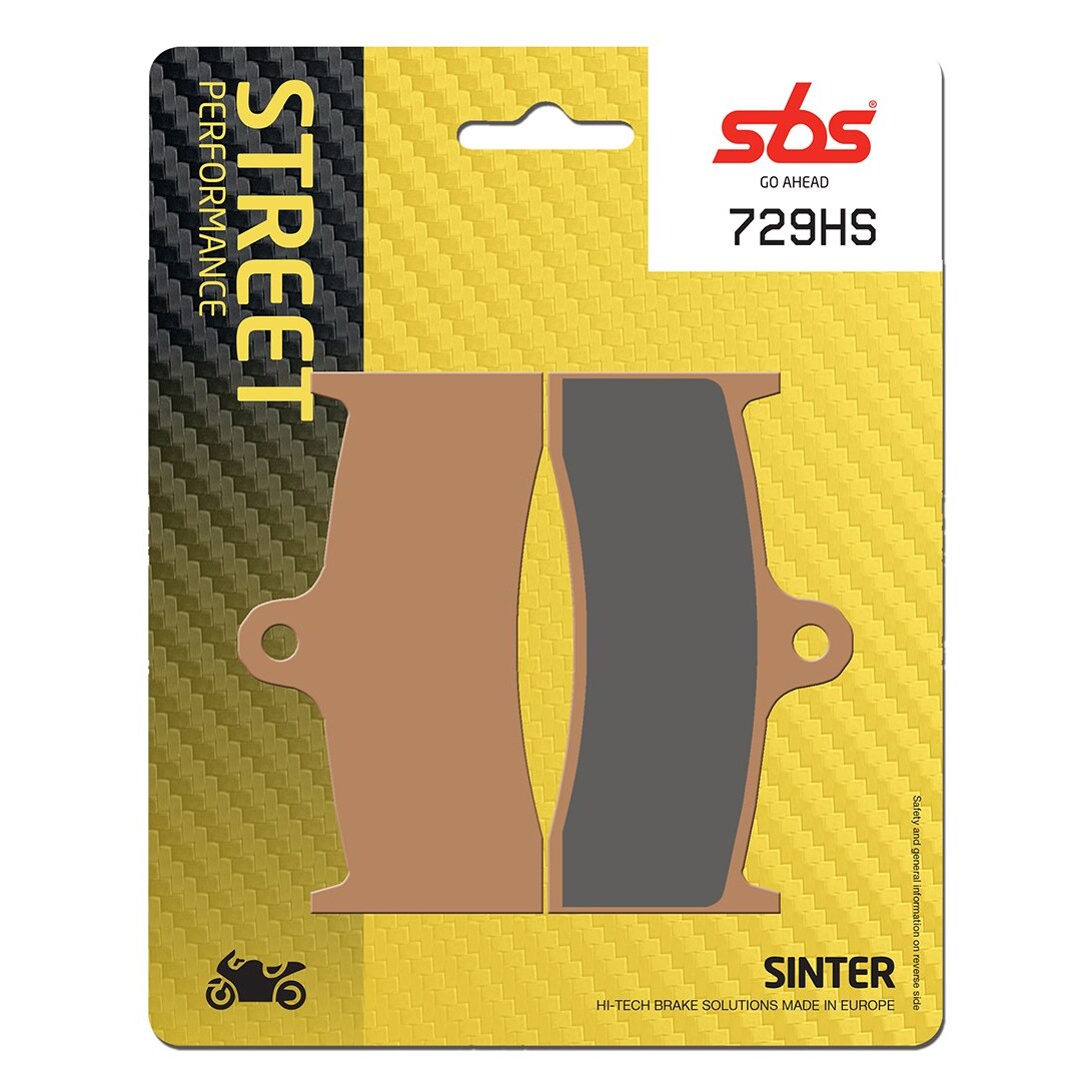 SBS Go Ahead 729(HS) brake pads in a yellow and black packaging, featuring a sintered design with brown and gray pads, labeled for street performance.