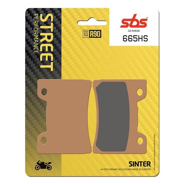 Brown and gray brake pads packaged with a carbon fiber-style background, featuring the "SBS" logo and "665HS" label, designed for street performance.