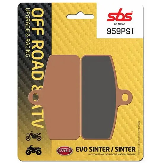Brown and gray motorcycle brake pads packaged on a yellow and black card, labeled "SBS 959PSI," designed for off-road and ATV use.