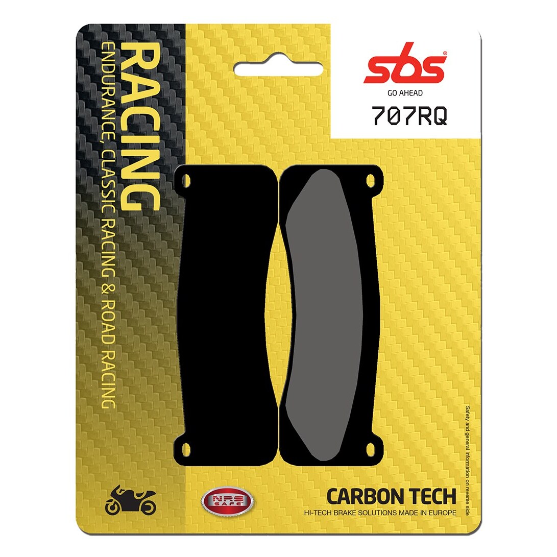Black carbon brake pads labeled "SBS Go Ahead 707RQ," featuring a sleek design on a yellow and black carbon fiber-patterned backing with racing branding.