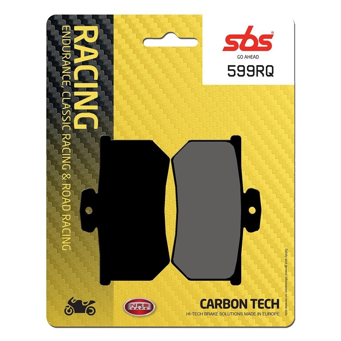 Black brake pads on a yellow and black packaging featuring the SBS logo, labeled "RACING" and "599RQ," with a carbon tech note for endurance and road racing.