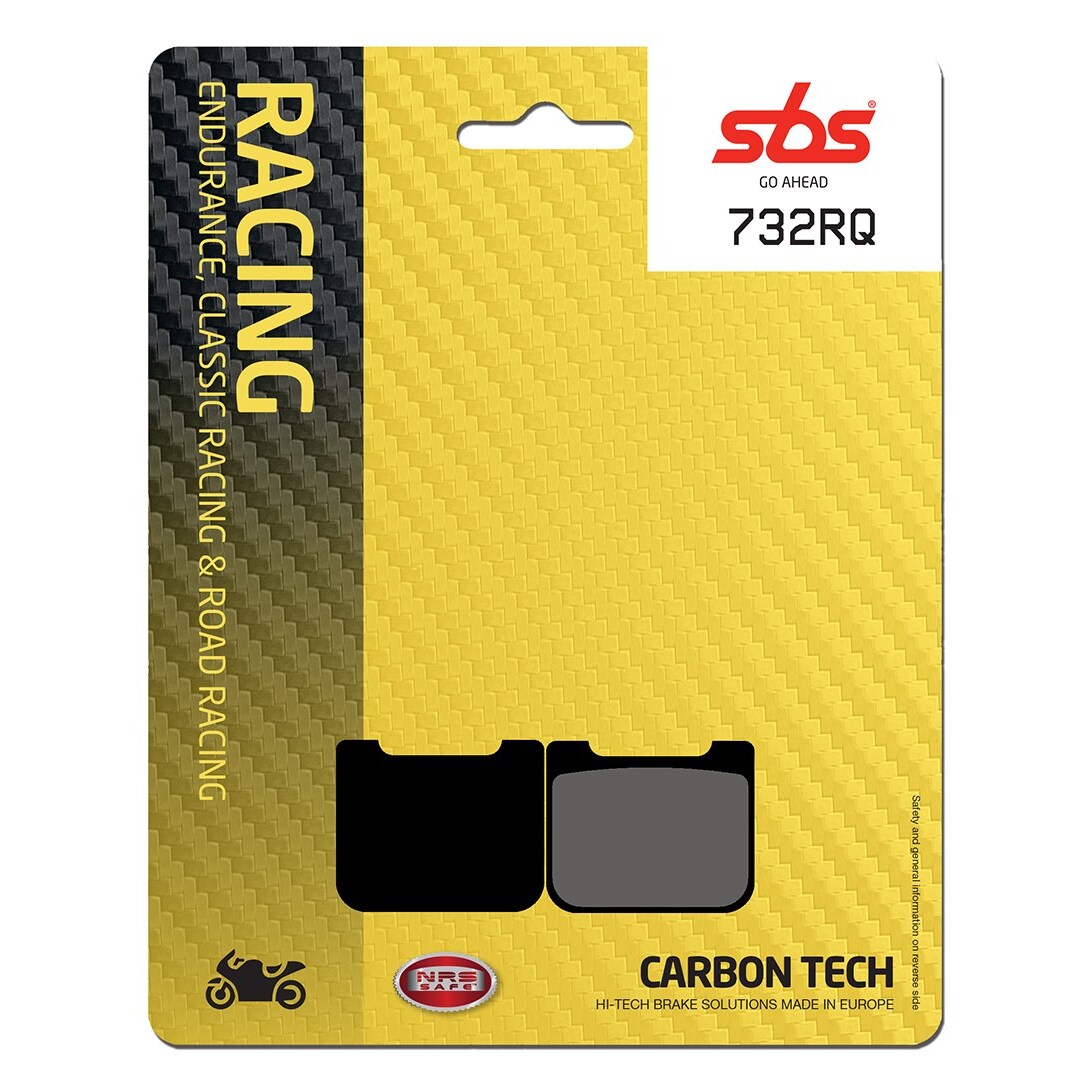 Yellow packaging featuring the SBS logo, with the product name "732RQ" prominently displayed, and a carbon fiber texture background; includes illustrations of motorcycle brake pads.