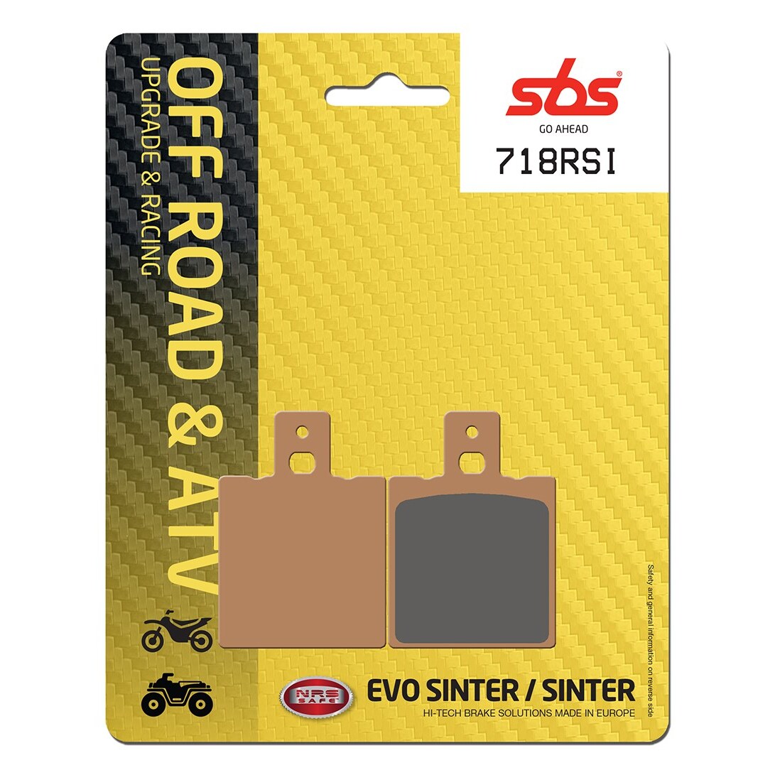Brown and gray brake pads on a yellow and black packaging, labeled "Off Road & ATV" and "SBS Go Ahead 718 RSI," showcasing high-tech brake solutions made in Europe.