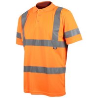 Orange high-visibility polo shirt with reflective stripes and short sleeves, size L (42In).