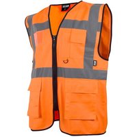 Orange hi-vis utility waistcoat with grey reflective stripes, multiple pockets, and black trim, size XL (48in).