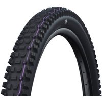 Black Schwalbe mountain bike tire with aggressive tread, purple stripe, tubeless ready, folding 27.5" size.