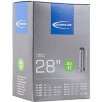 Schwalbe AV17 28"/700c inner tube box, gray with blue logo, Schrader valve image, and size details.