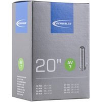 Gray Schwalbe AV7 20" inner tube box with Schrader valve image and blue logo on top.