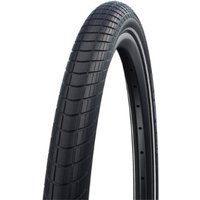 Black Schwalbe Big Apple 26" bike tyre with textured tread and RaceGuard protection, designed for E-25 performance.