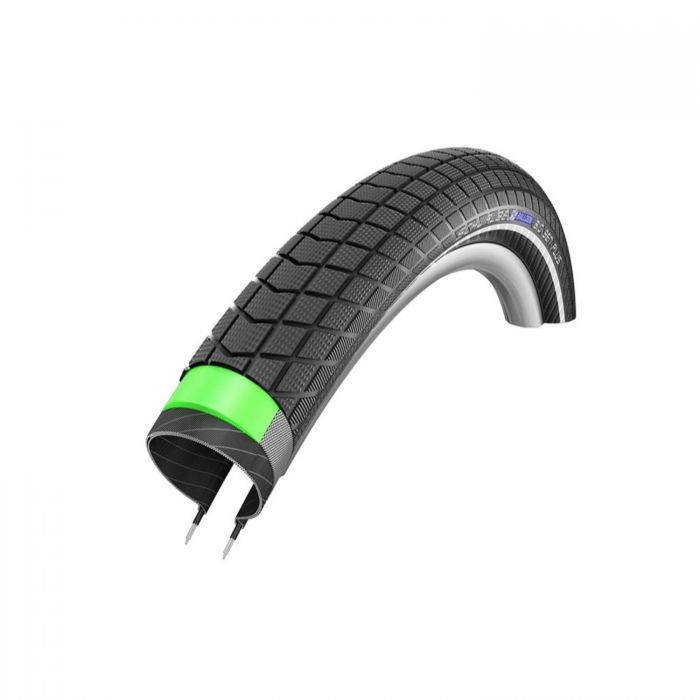 Schwalbe Big Ben Plus tyre in black with a textured tread pattern, featuring a green sidewall and reflective strip, measuring 26 x 2.15 inches.