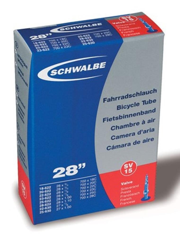 Blue and gray Schwalbe bike inner tube box, 700c x 18-28c, SV15, with multilingual text and red valve illustration.