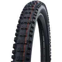 Black Schwalbe Eddy Current front tyre with chunky tread, 2.6-inch width, folding bead, and red stripe detail.