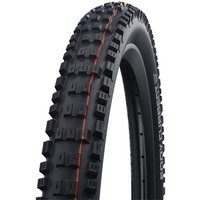 Black Schwalbe 27.5" bike tyre with chunky tread pattern and red stripe, designed for trail riding.