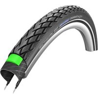 Black Schwalbe Green Marathon tyre with reflective strip, green label, and textured tread pattern.