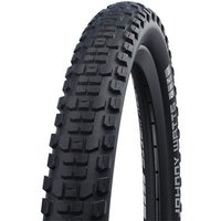 Black Schwalbe Johnny Watts E-MTB tyre with knobby tread pattern and white sidewall text.