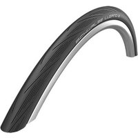 Black Schwalbe Lugano II 700c road tyre with sleek tread pattern and white sidewall detailing.