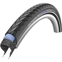 Black Schwalbe Marathon Plus MTB tyre with SmartGuard layer, endurance compound, and reflective sidewall stripe.