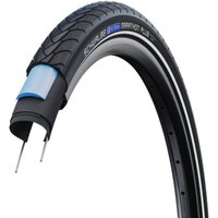 Black Schwalbe Marathon Plus tyre, 700 x 38mm, wire bead, with reflective sidewall and puncture protection layer.